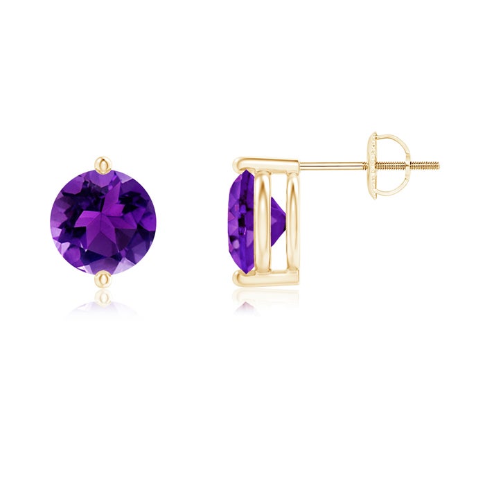 7mm AAAA Unique Two Prong-Set Amethyst Solitaire Stud Earrings in Yellow Gold