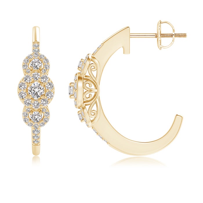 2.5mm IJI1I2 Triple Round Diamond Halo J-Hoop Earrings in Yellow Gold
