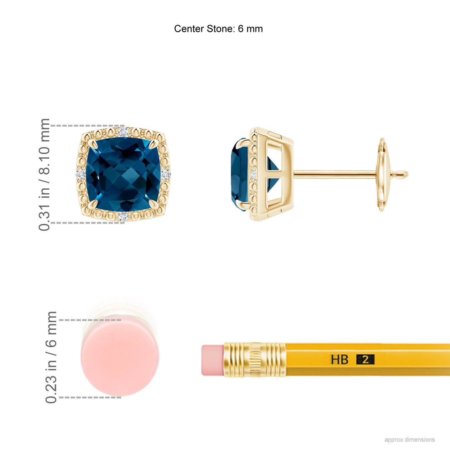 6mm AAAA Cushion London Blue Topaz Halo Stud Earrings in Yellow Gold