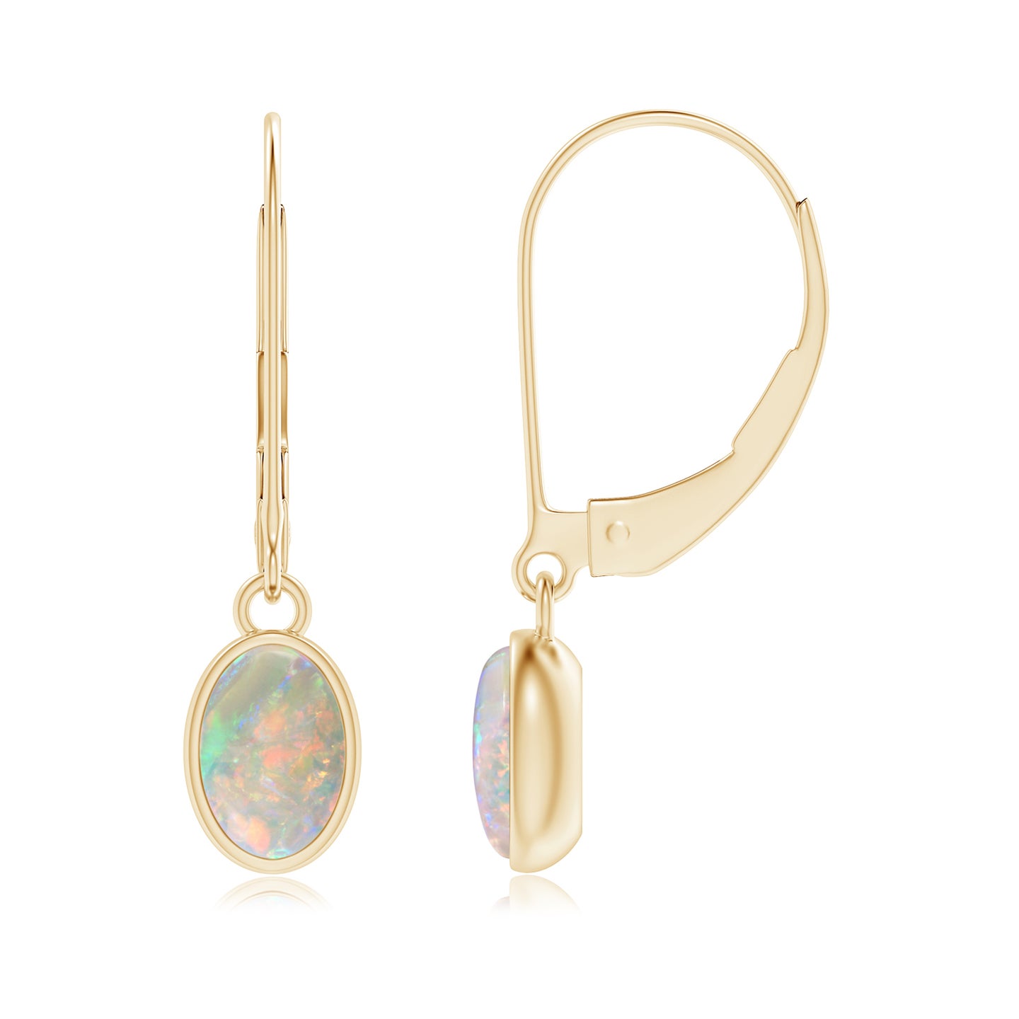 6x4mm AAAA Bezel Set Oval Opal Solitaire Drop Earrings in Yellow Gold
