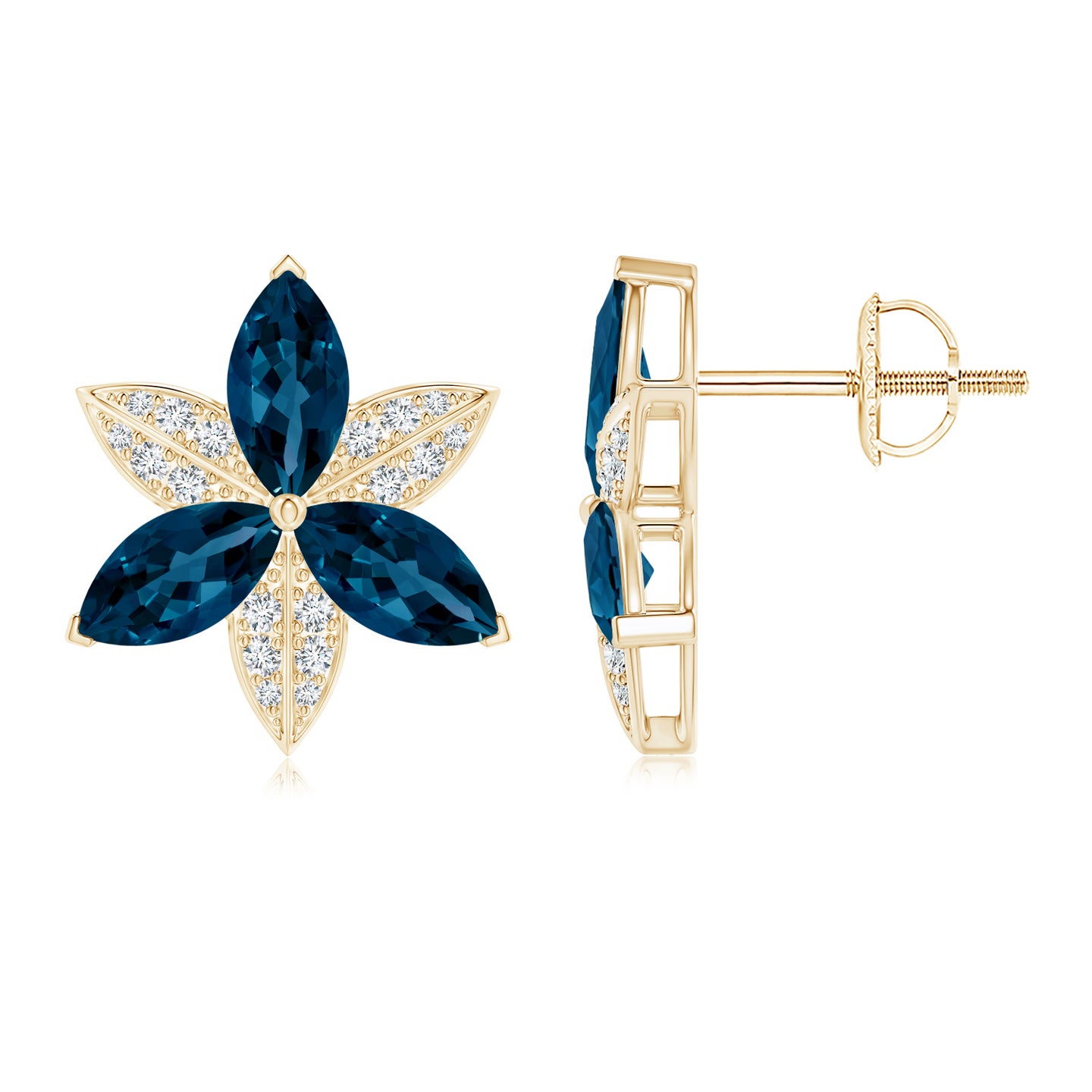 8x4mm AAAA London Blue Topaz and Diamond Trillium Flower Stud Earrings in Yellow Gold