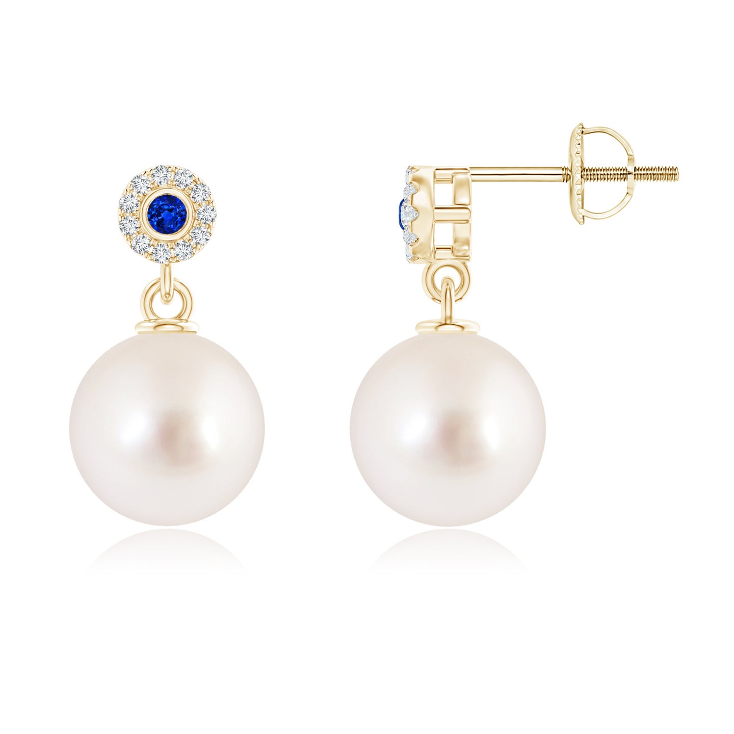 10mm AAAA South Sea Pearl and Sapphire Halo Drop Earrings in Yellow Gold 10mm AAAA South Sea Pearl and Sapphire Halo Drop Earrings in Yellow Gold