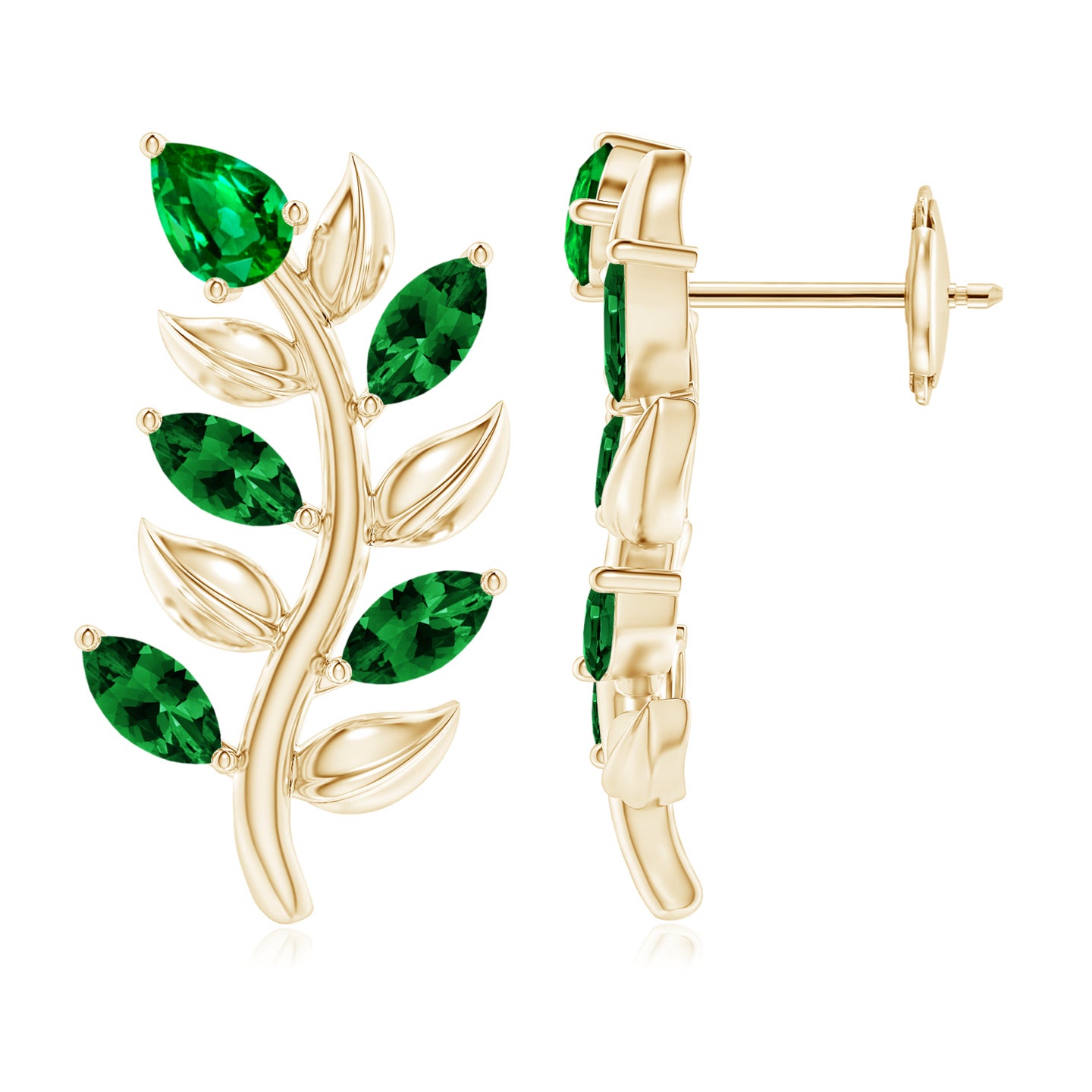 5x3mm AAAA Pear and Marquise Emerald Olive Branch Earrings in Yellow Gold