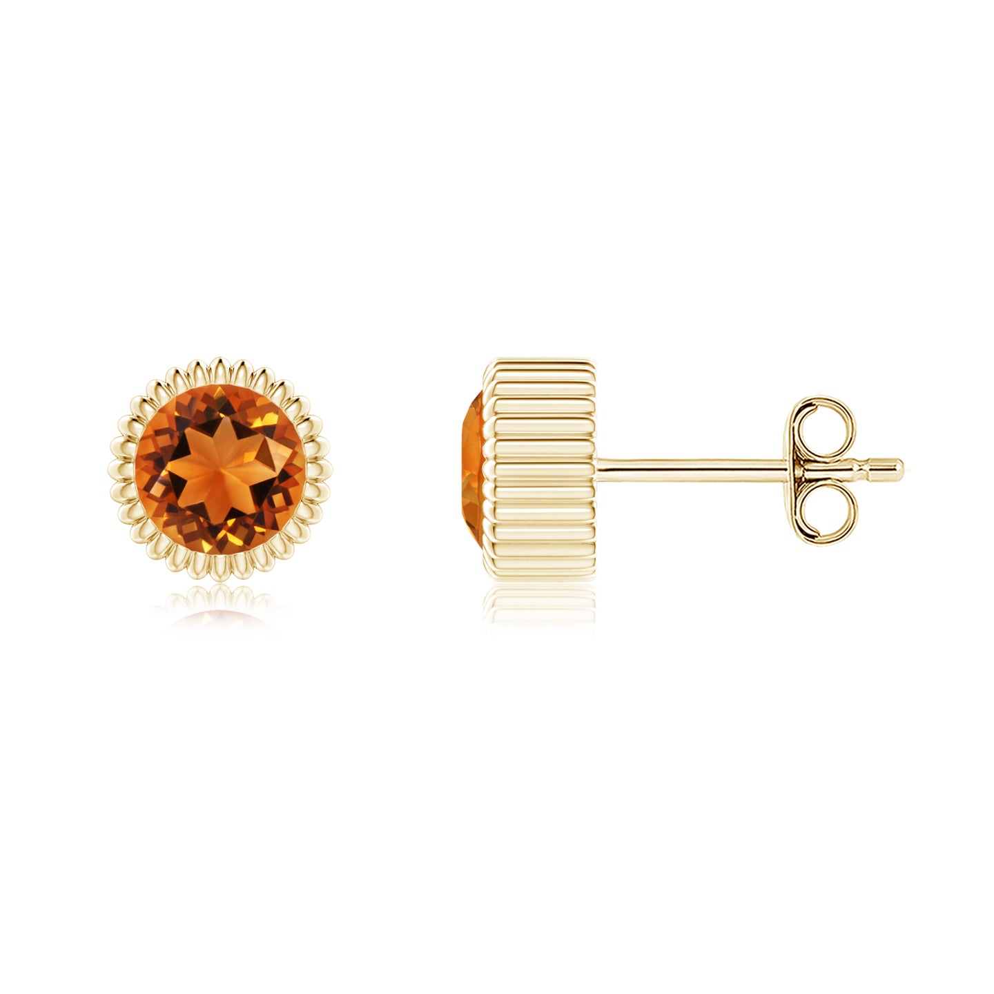 5mm AAAA Bezel-Set Solitaire Round Citrine Beaded Halo Studs in Yellow Gold