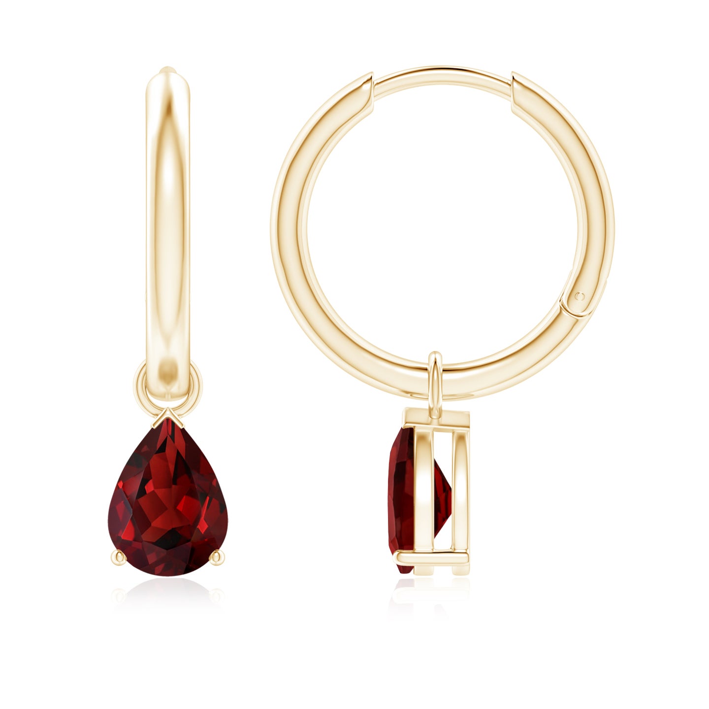 7x5mm AAAA Pear-Shaped Garnet Hinged Hoop Drop Earrings in Yellow Gold