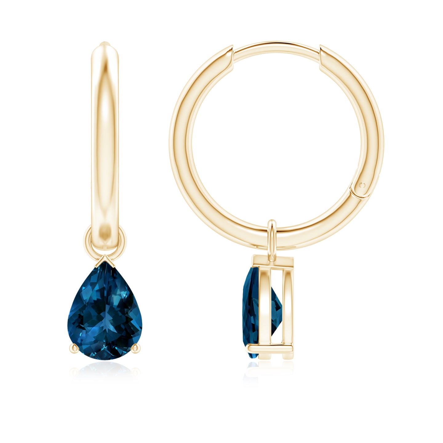 7x5mm AAAA Pear-Shaped London Blue Topaz Hinged Hoop Drop Earrings in Yellow Gold