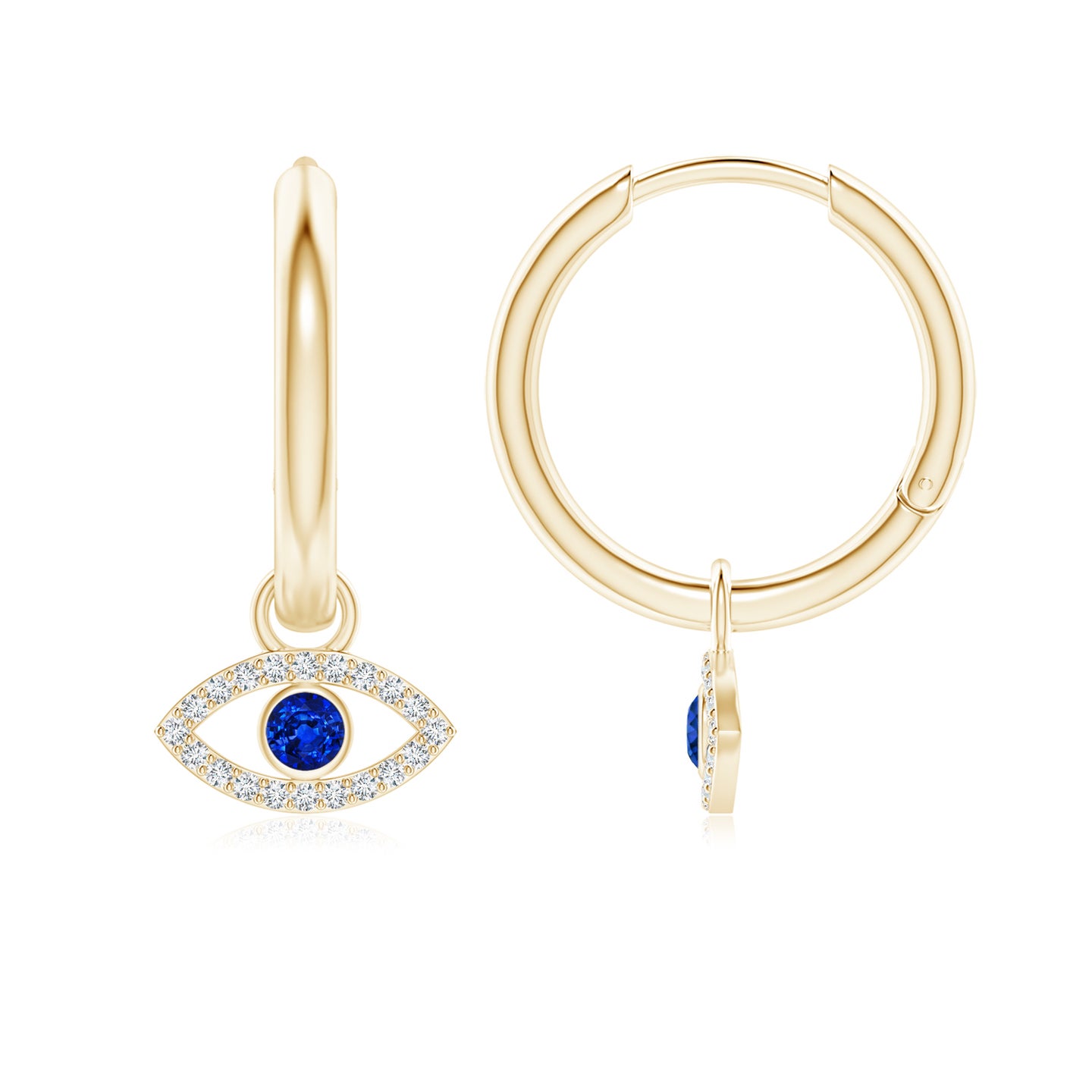 2.5mm AAAA Sapphire Evil Eye Hinged Hoop Earrings with Diamonds in Yellow Gold