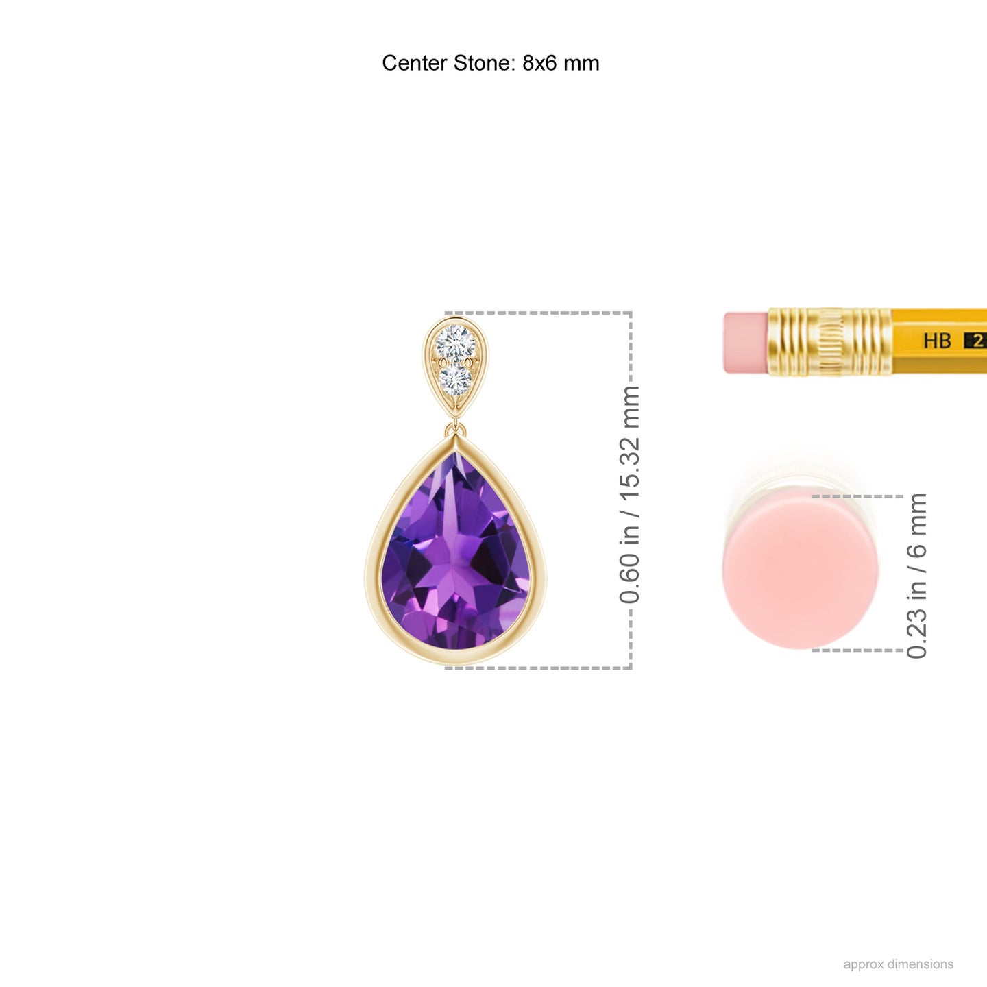8x6mm AAAA Bezel-Set Amethyst Teardrop Earrings with Diamond in Yellow Gold