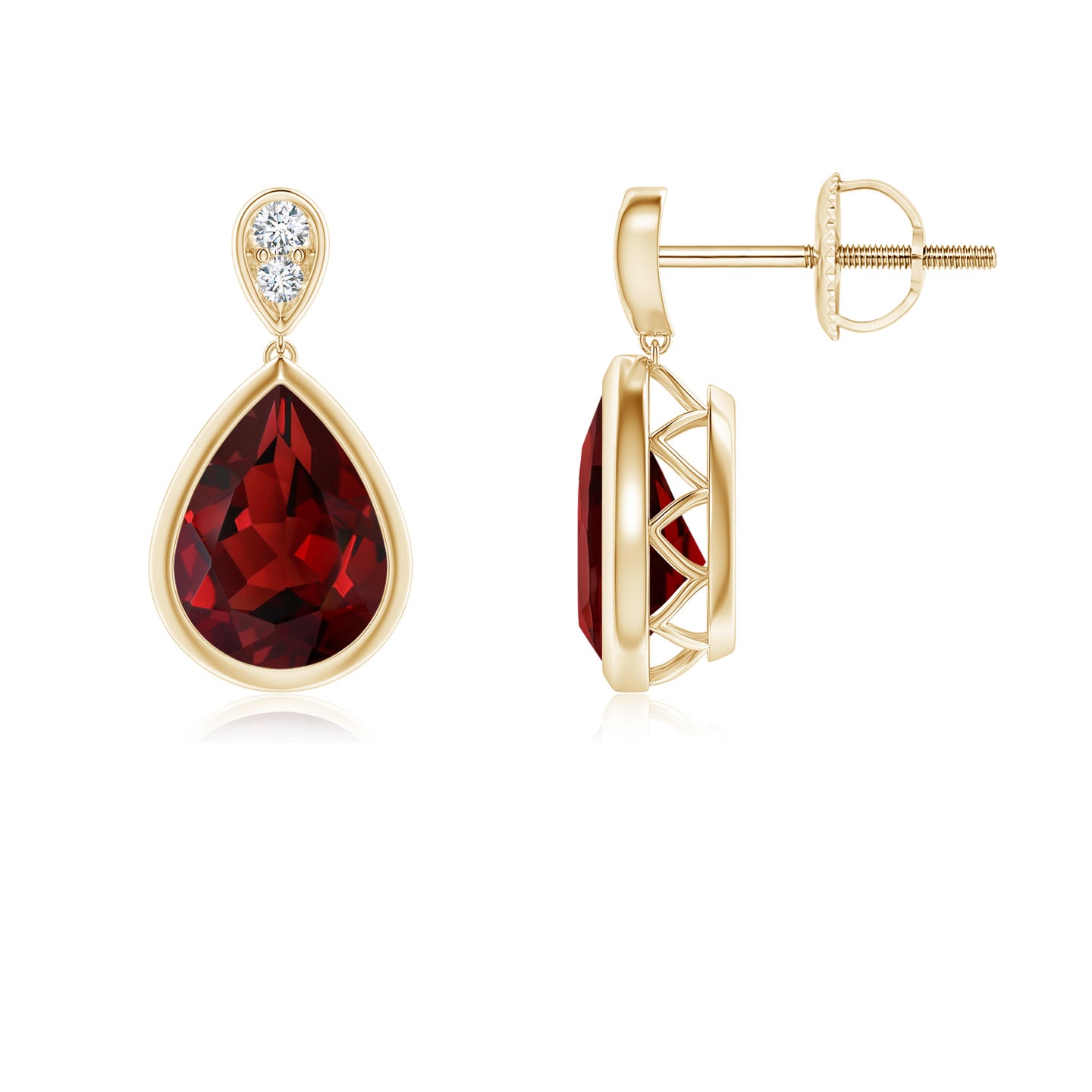 8x6mm AAAA Bezel-Set Garnet Teardrop Earrings with Diamond in Yellow Gold