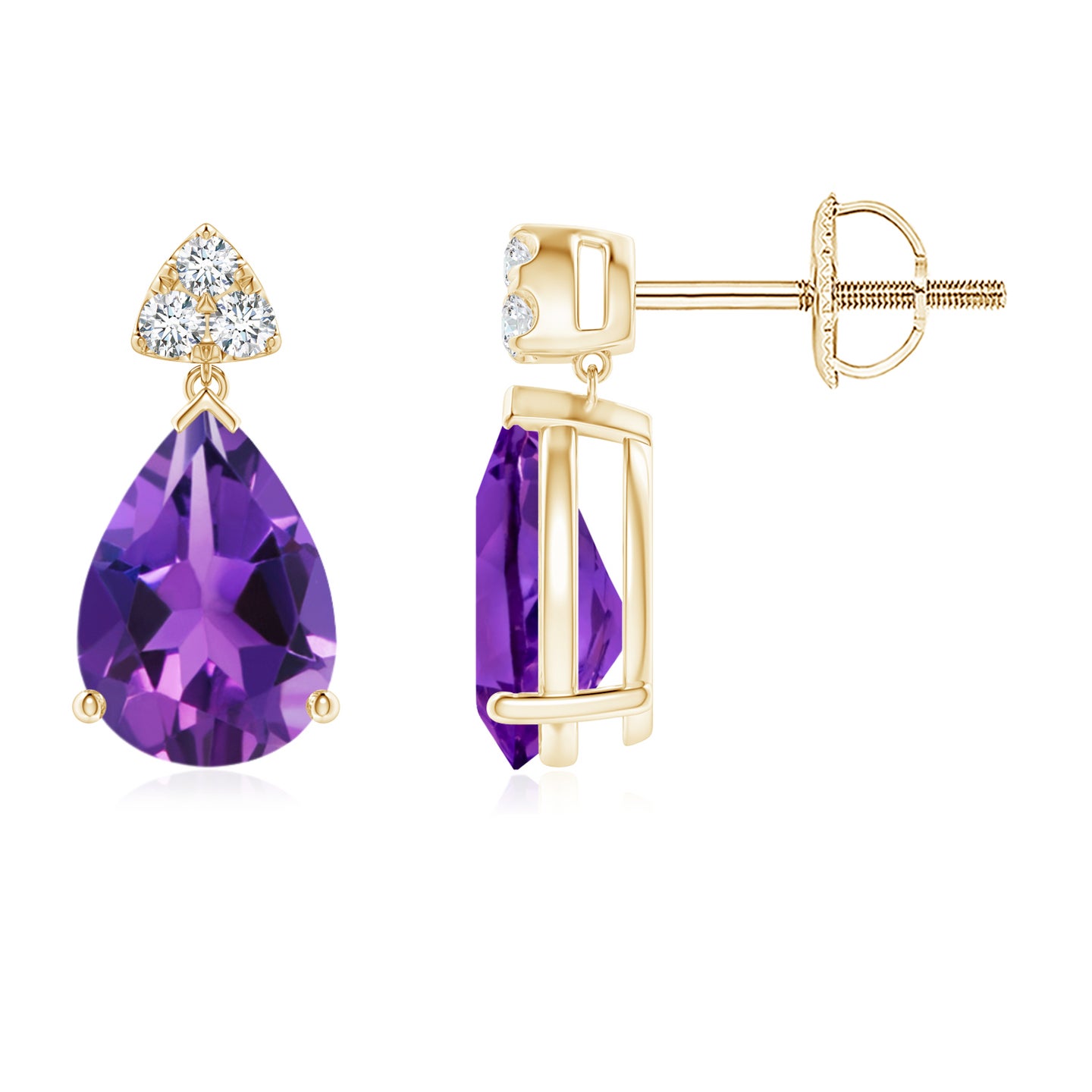 8x6mm AAAA Pear-Shaped Amethyst Drop Earrings with Trio Diamonds in Yellow Gold
