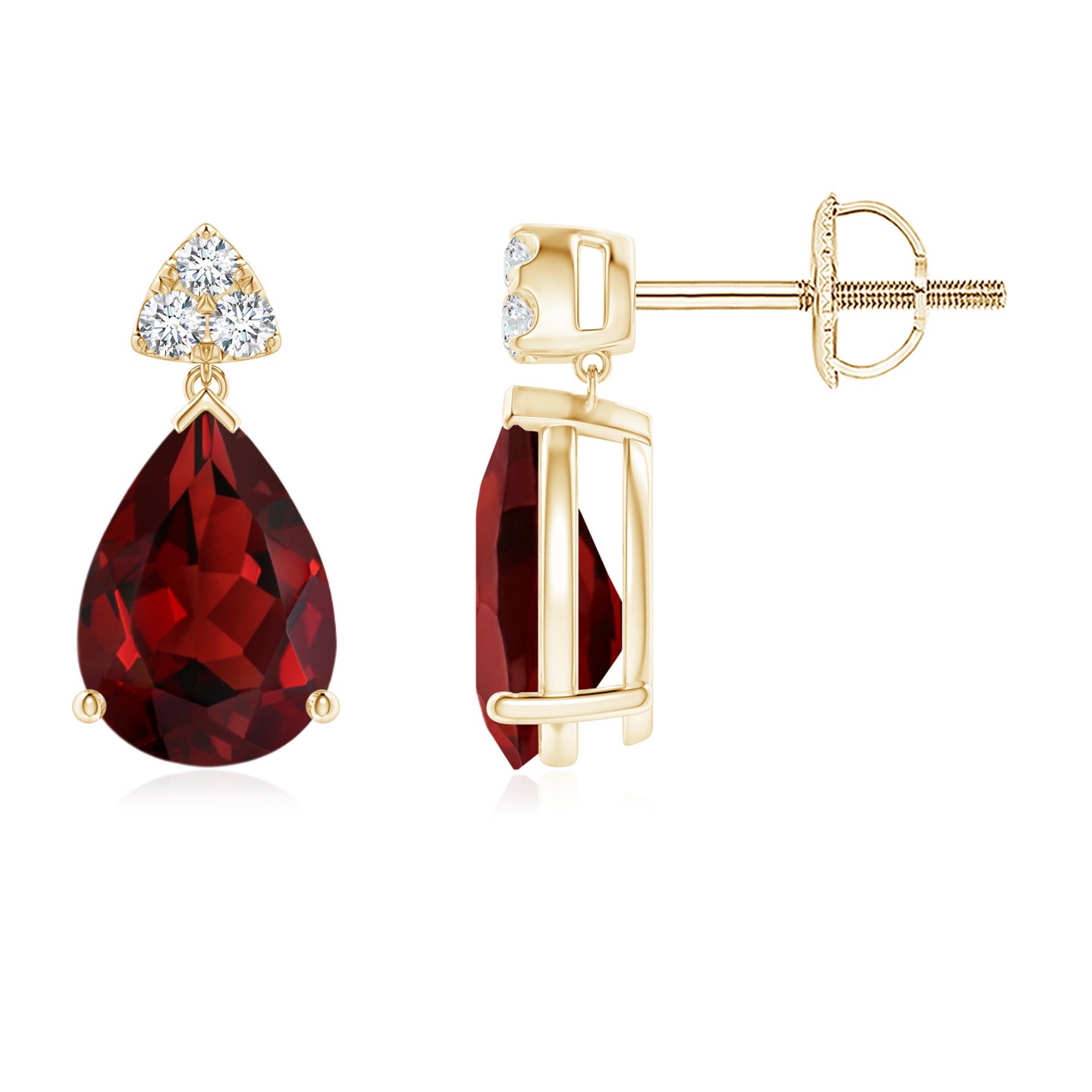 8x6mm AAAA Pear-Shaped Garnet Drop Earrings with Trio Diamonds in Yellow Gold