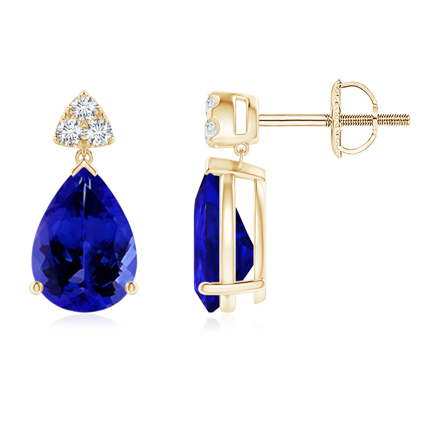8x6mm AAAA Pear-Shaped Tanzanite Drop Earrings with Trio Diamonds in Yellow Gold