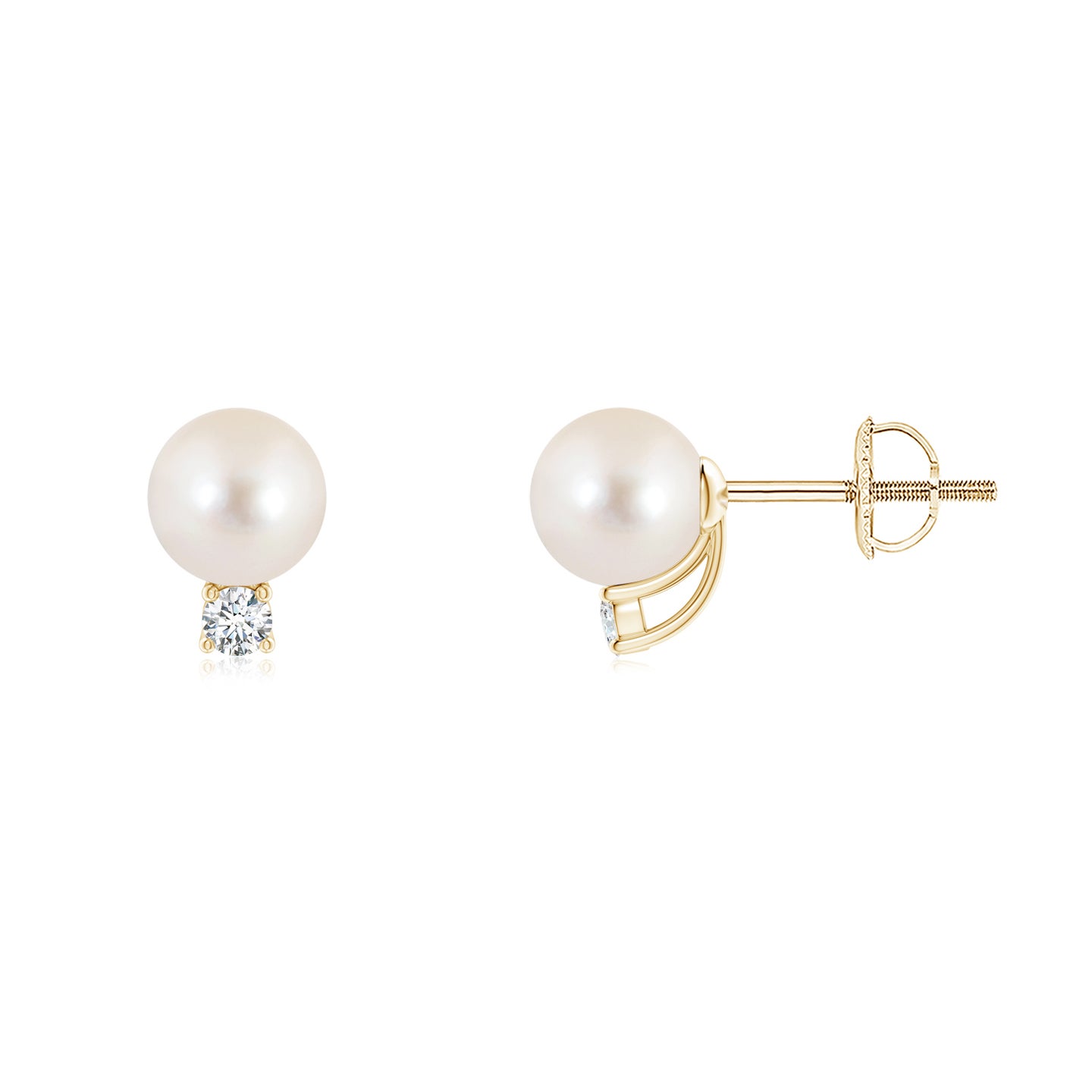 6mm AAAA Solitaire Freshwater Pearl Studs with Diamond in Yellow Gold
