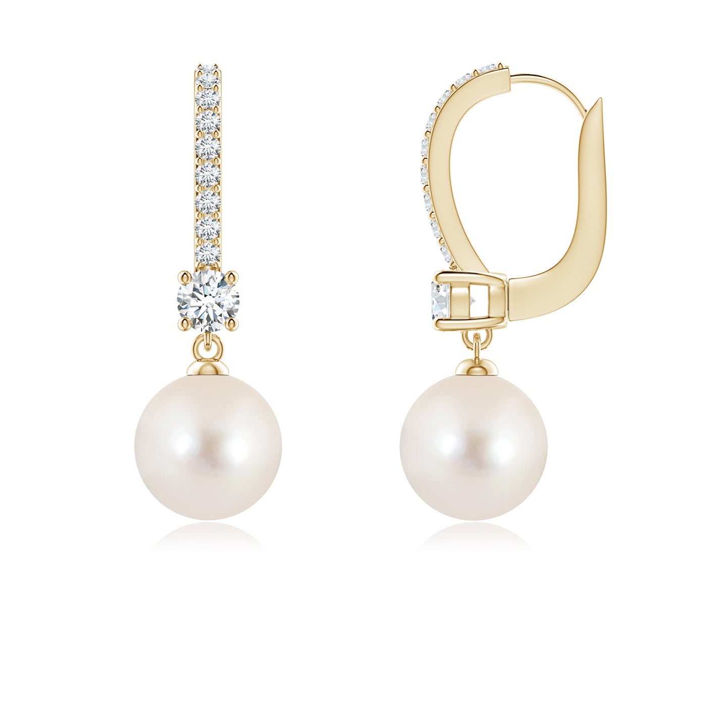 7mm AAAA Leverback Freshwater Pearl Drop Earrings in Yellow Gold
