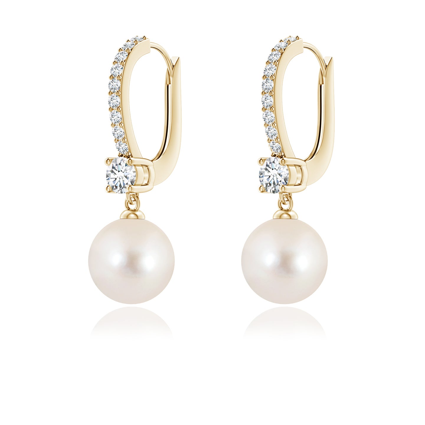 7mm AAAA Leverback Freshwater Pearl Drop Earrings in Yellow Gold