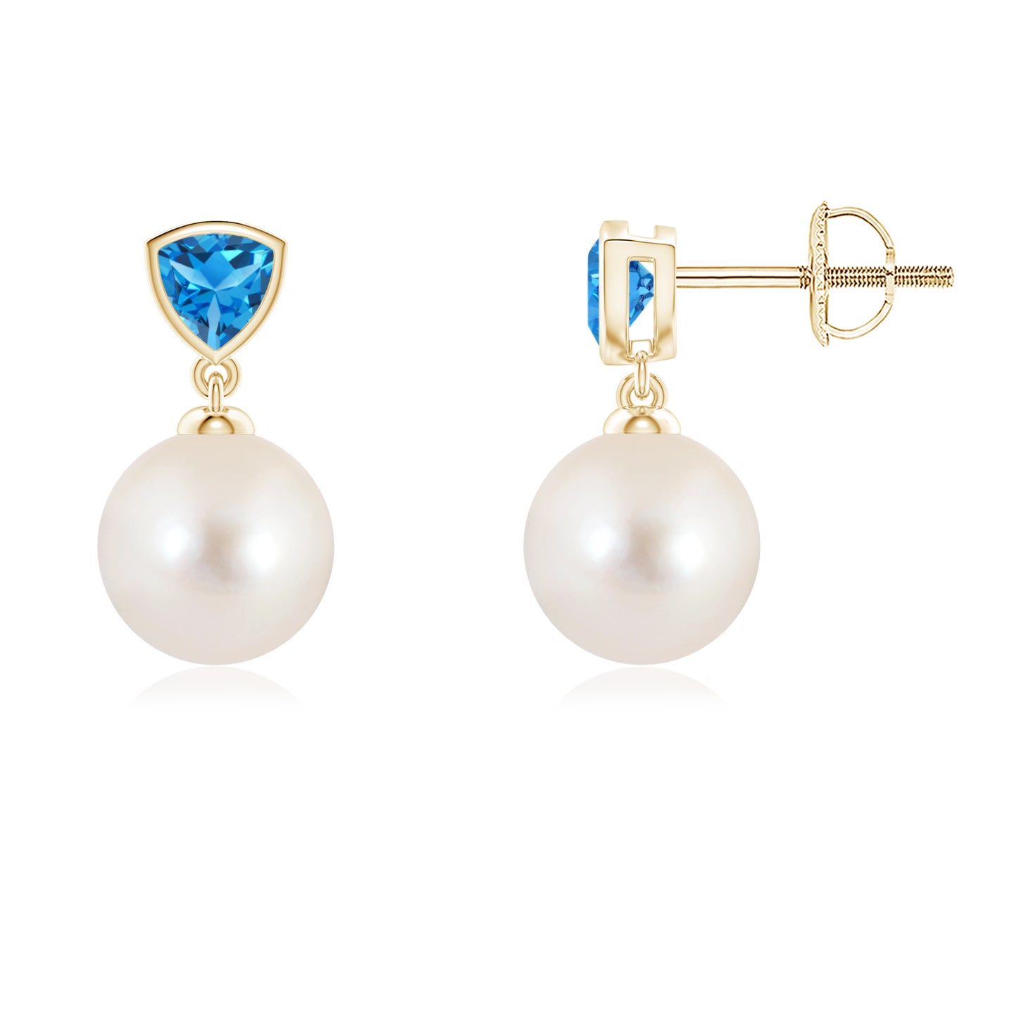 8mm AAAA Freshwater Pearl & Swiss Blue Topaz Drop Earrings in Yellow Gold