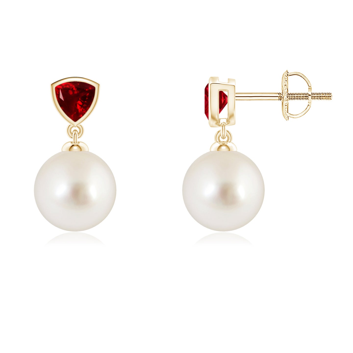 8mm AAAA South Sea Pearl & Trillion Ruby Drop Earrings in Yellow Gold 8mm AAAA South Sea Pearl & Trillion Ruby Drop Earrings in Yellow Gold