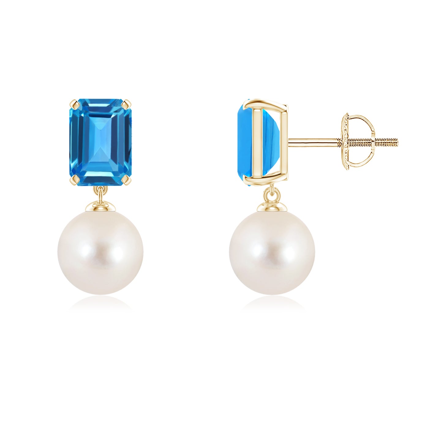 7mm AAAA Freshwater Pearl & Swiss Blue Topaz Earrings in Yellow Gold