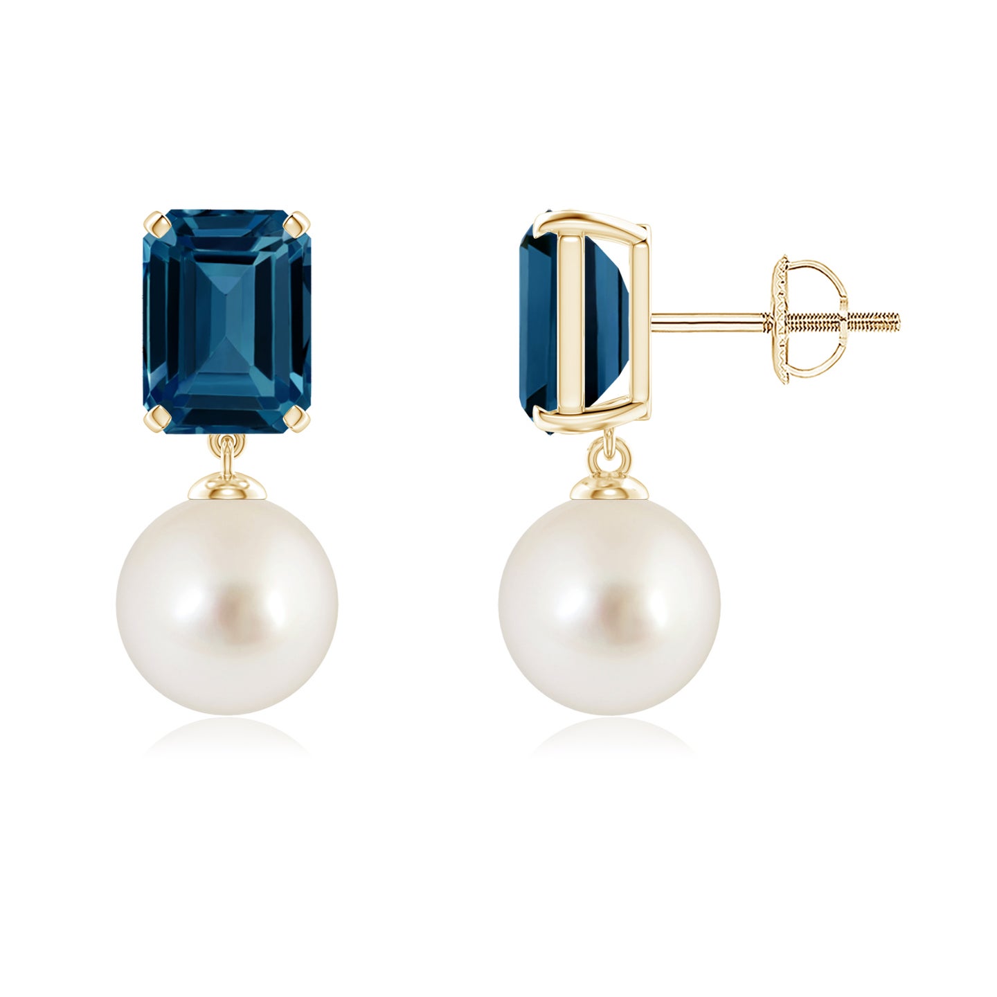 8mm AAAA South Sea Pearl & London Blue Topaz Earrings in Yellow Gold 8mm AAAA South Sea Pearl & London Blue Topaz Earrings in Yellow Gold