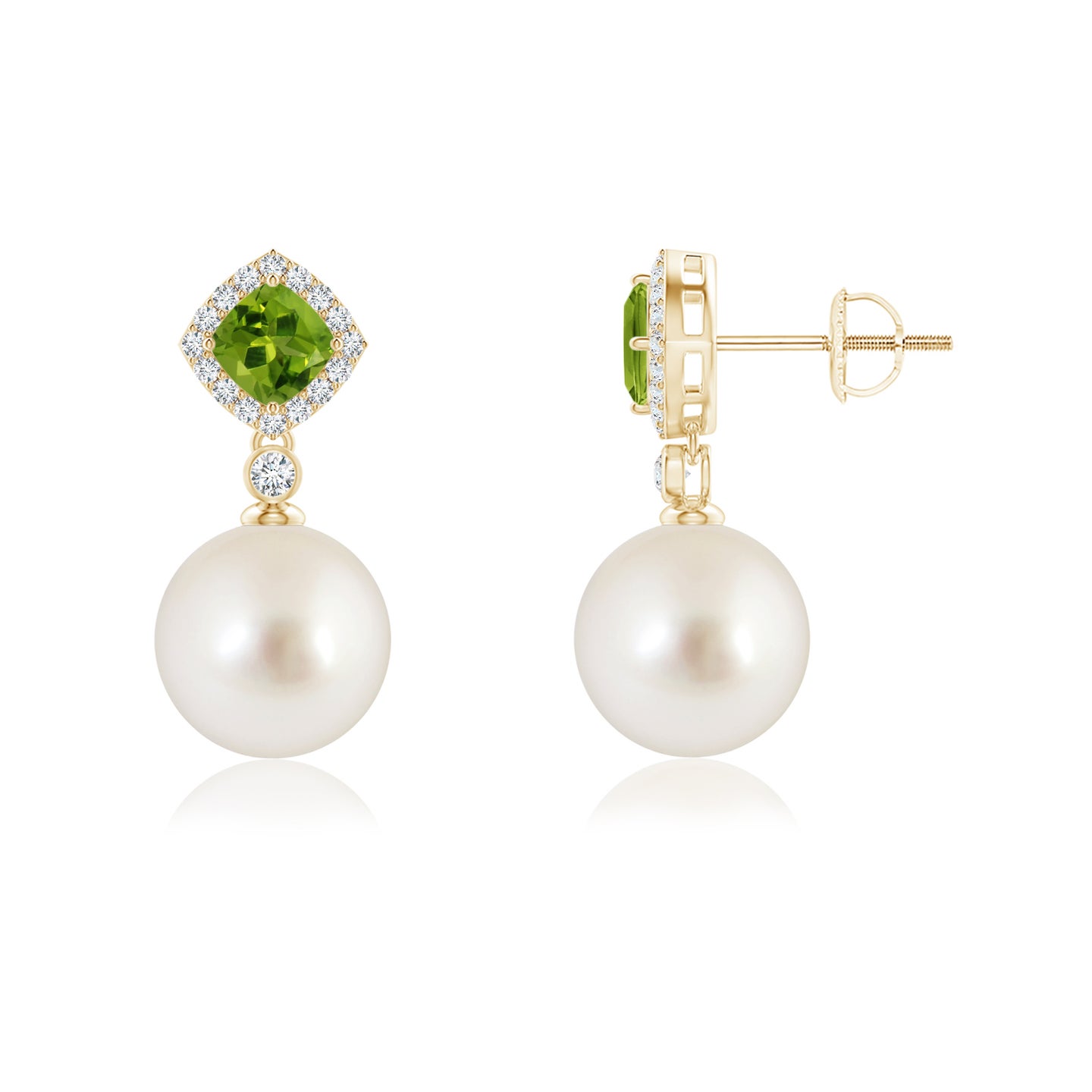 9mm AAAA Peridot & South Sea Pearl Dangle Earrings in Yellow Gold 9mm AAAA Peridot & South Sea Pearl Dangle Earrings in Yellow Gold