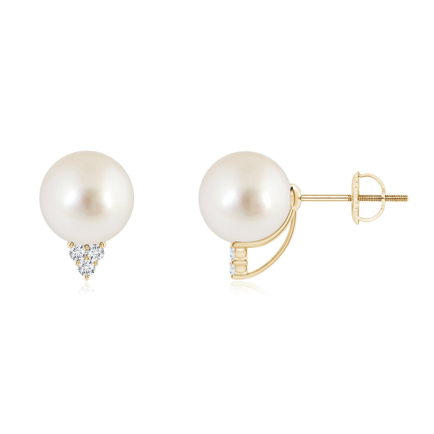 8mm AAAA South Sea Pearl Earrings with Diamond Trio in Yellow Gold 8mm AAAA South Sea Pearl Earrings with Diamond Trio in Yellow Gold
