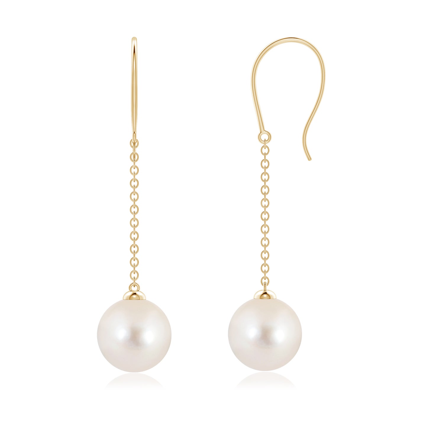 8mm AAAA Dangling Solitaire Freshwater Pearl Earrings in Yellow Gold