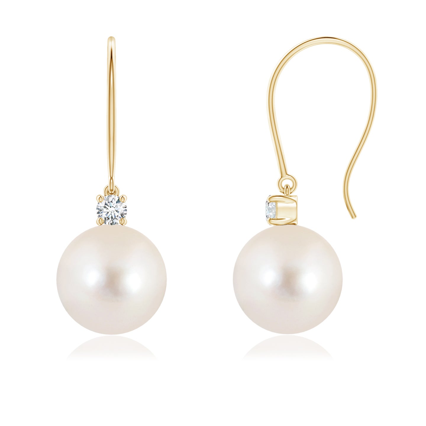 8mm AAAA Freshwater Pearl & Diamond Fish Hook Earrings in Yellow Gold