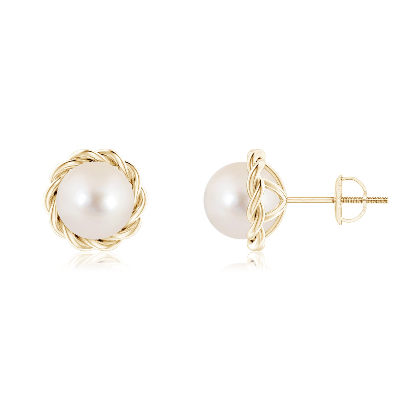 7mm AAAA Solitaire Freshwater Pearl Twist Rope Studs in Yellow Gold