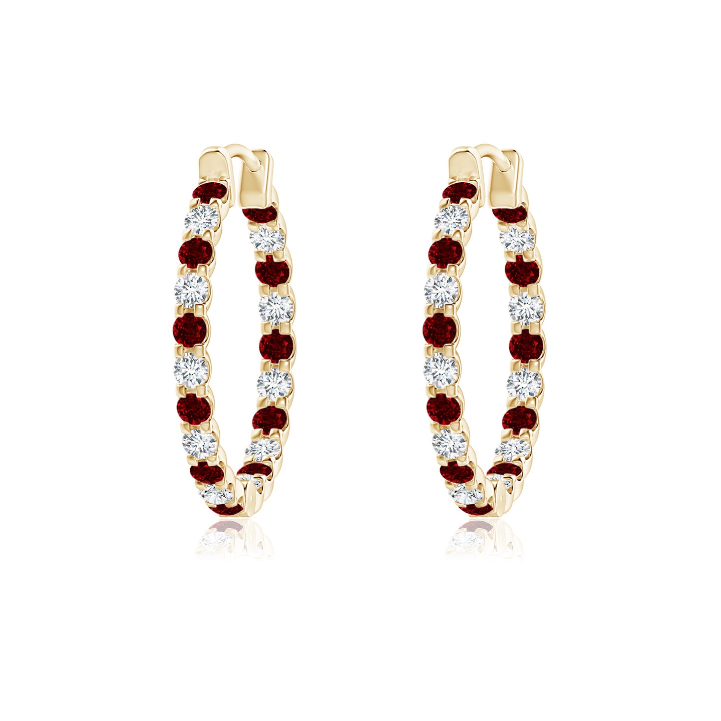 1.5mm AAAA Prong-Set Ruby and Diamond Inside Out Hoop Earrings in Yellow Gold