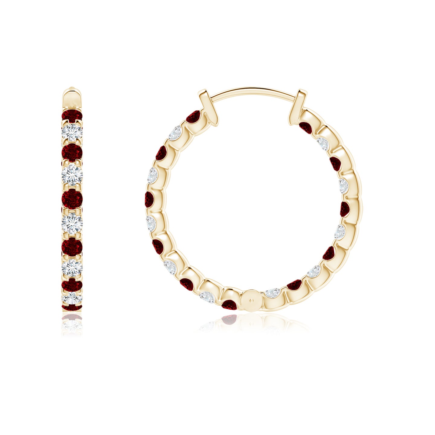 1.5mm AAAA Prong-Set Ruby and Diamond Inside Out Hoop Earrings in Yellow Gold