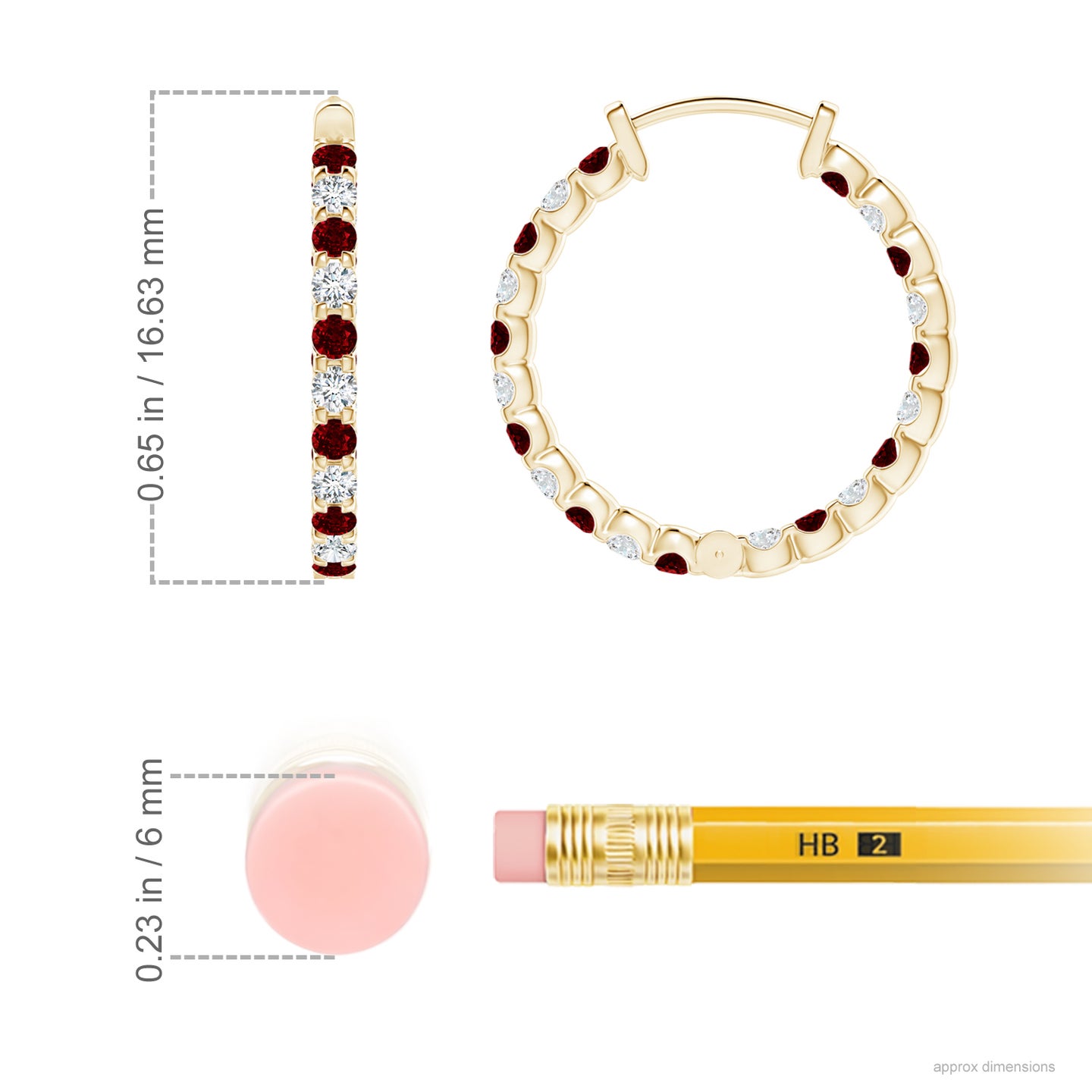 1.5mm AAAA Prong-Set Ruby and Diamond Inside Out Hoop Earrings in Yellow Gold