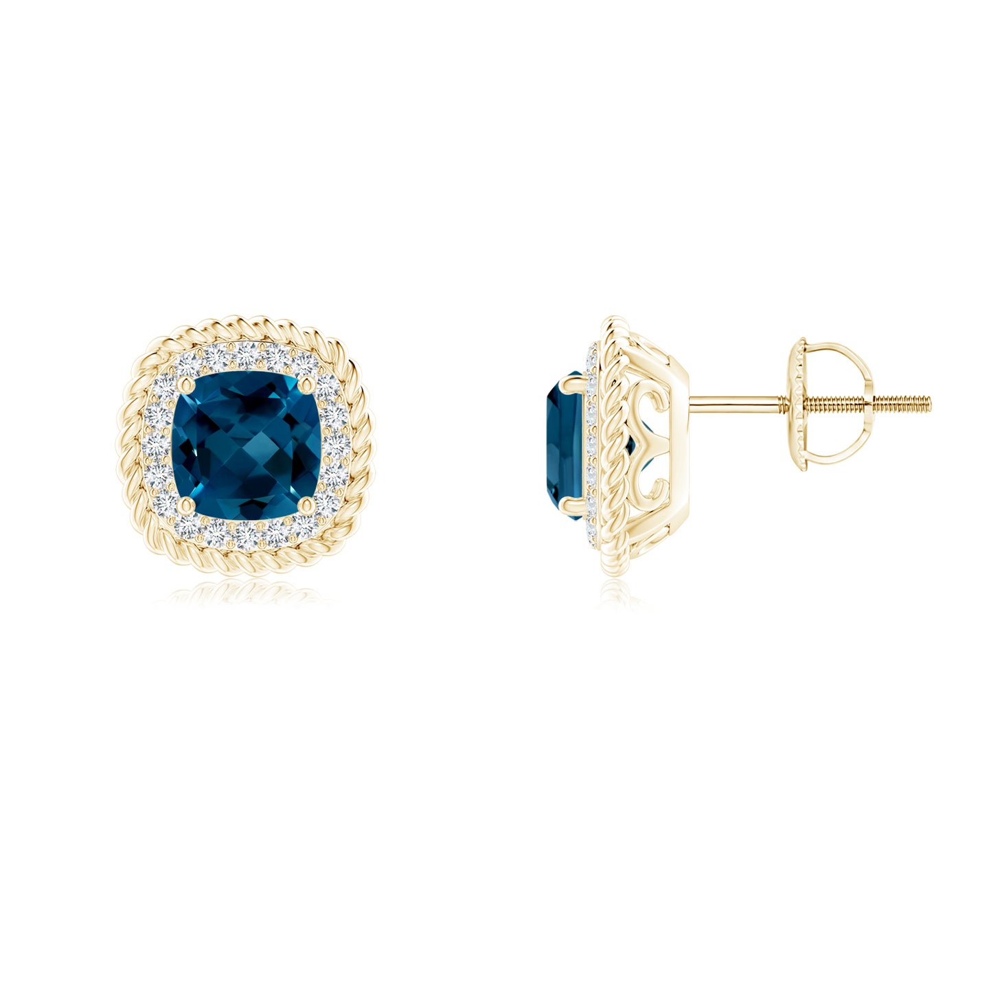 6mm AAAA Twisted Wire Cushion London Blue Topaz Studs with Diamonds in Yellow Gold