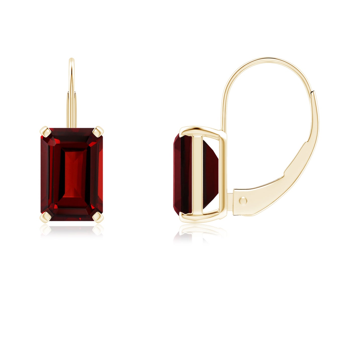 6x4mm AAAA Emerald-Cut Garnet Solitaire Leverback Earrings in Yellow Gold