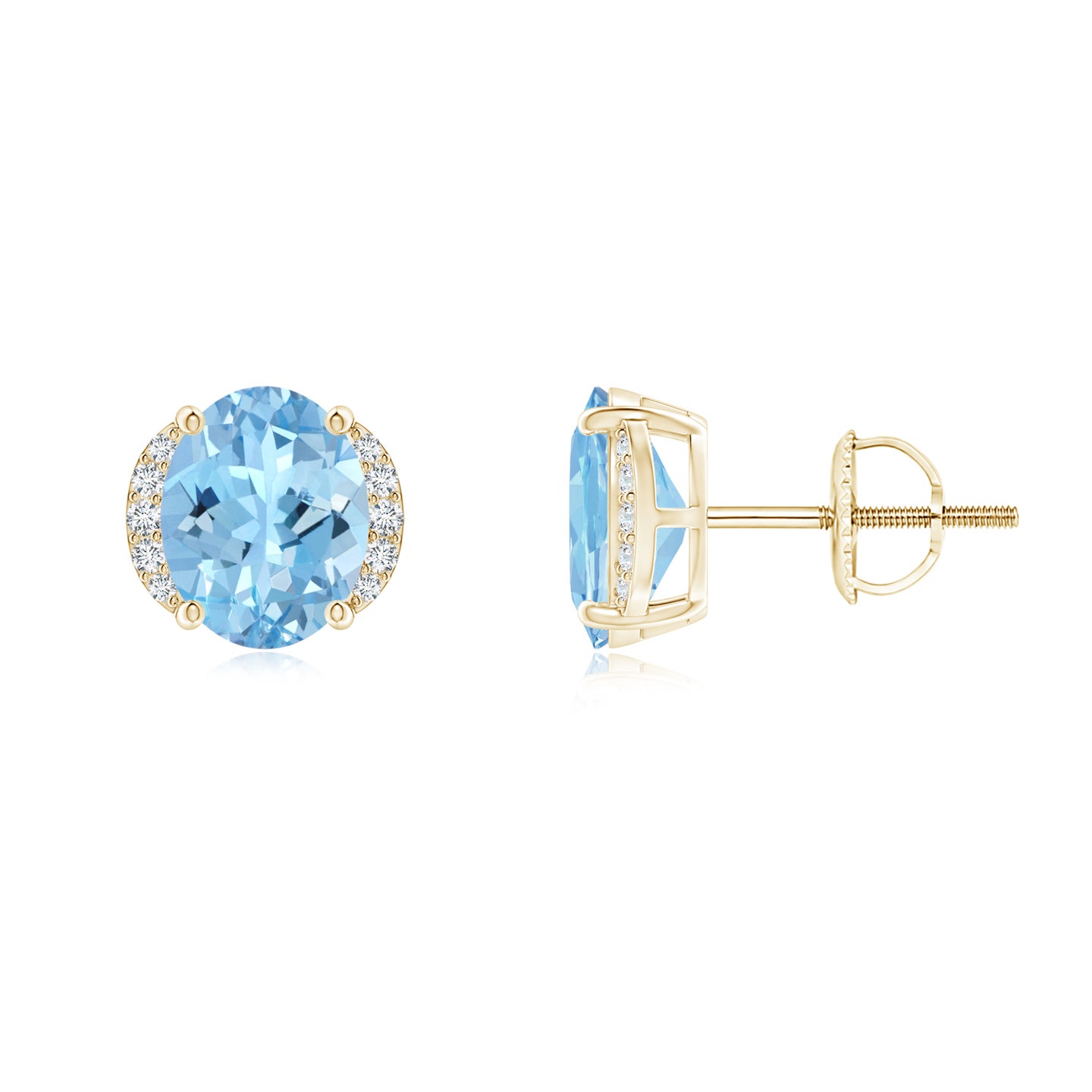 8x6mm AAAA Oval Aquamarine Half Halo Stud Earrings in Yellow Gold