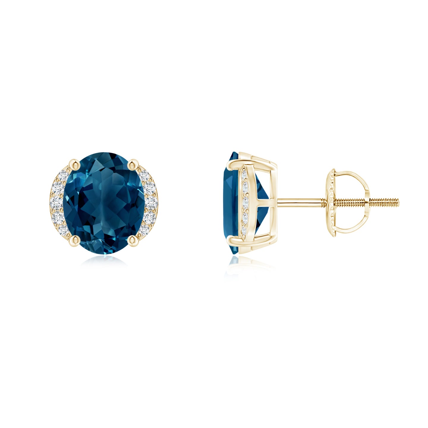8x6mm AAAA Oval London Blue Topaz Half Halo Stud Earrings in Yellow Gold