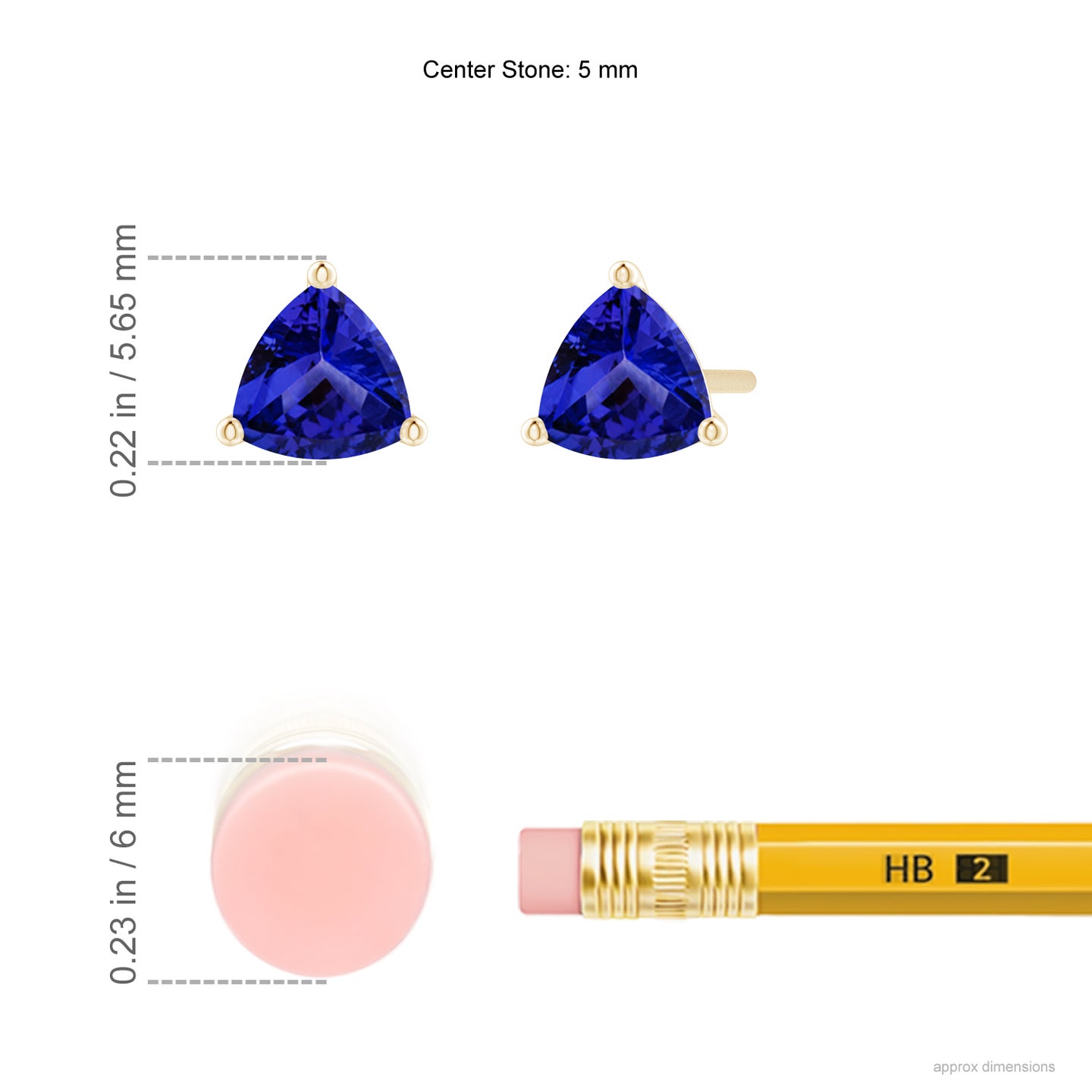 5mm AAAA Martini-Set Trillion Tanzanite Stud Earrings in Yellow Gold