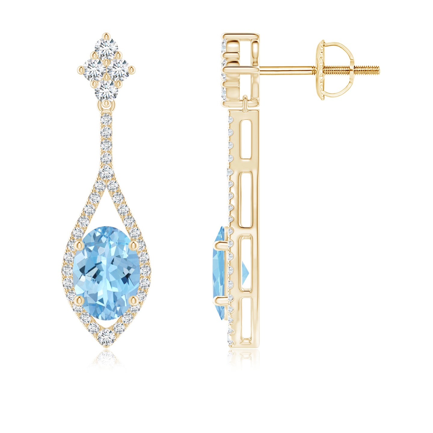 7x5mm AAAA Oval Aquamarine Drop Earrings with Diamond Accents in Yellow Gold