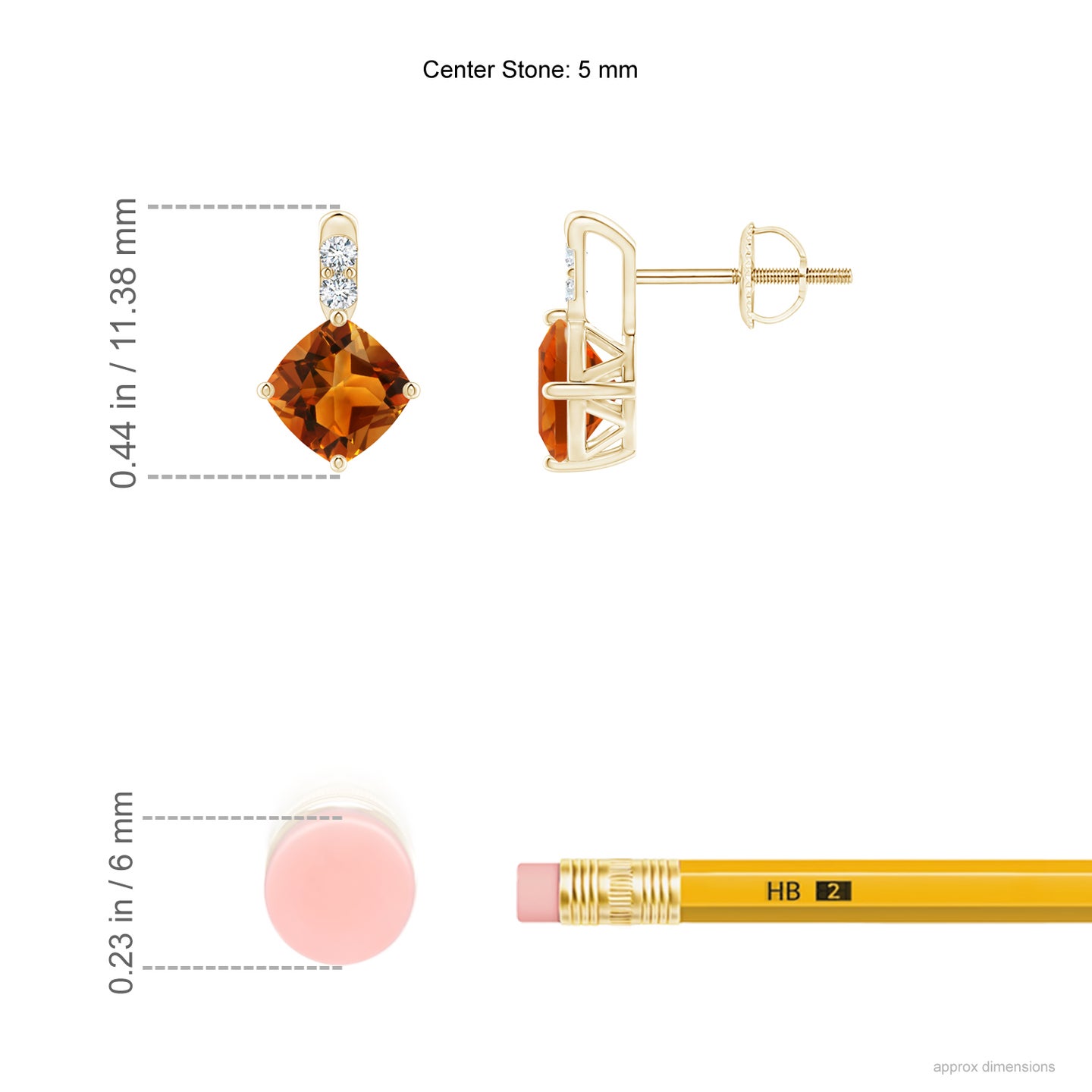 5mm AAAA Sideways Cushion Citrine Earrings with Diamond Accents in Yellow Gold