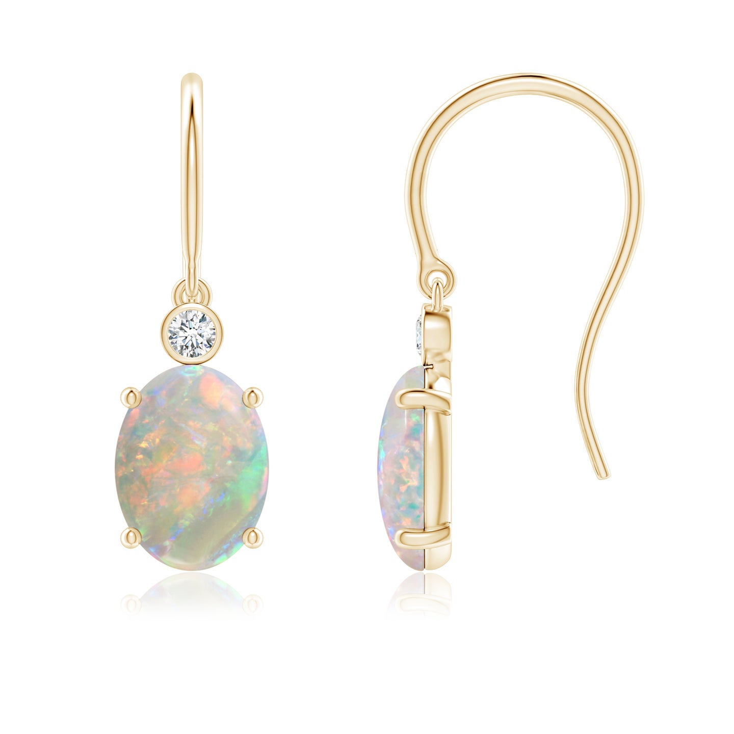 8x6mm AAAA Oval Opal Fish Hook Earrings with Bezel-Set Diamonds in Yellow Gold
