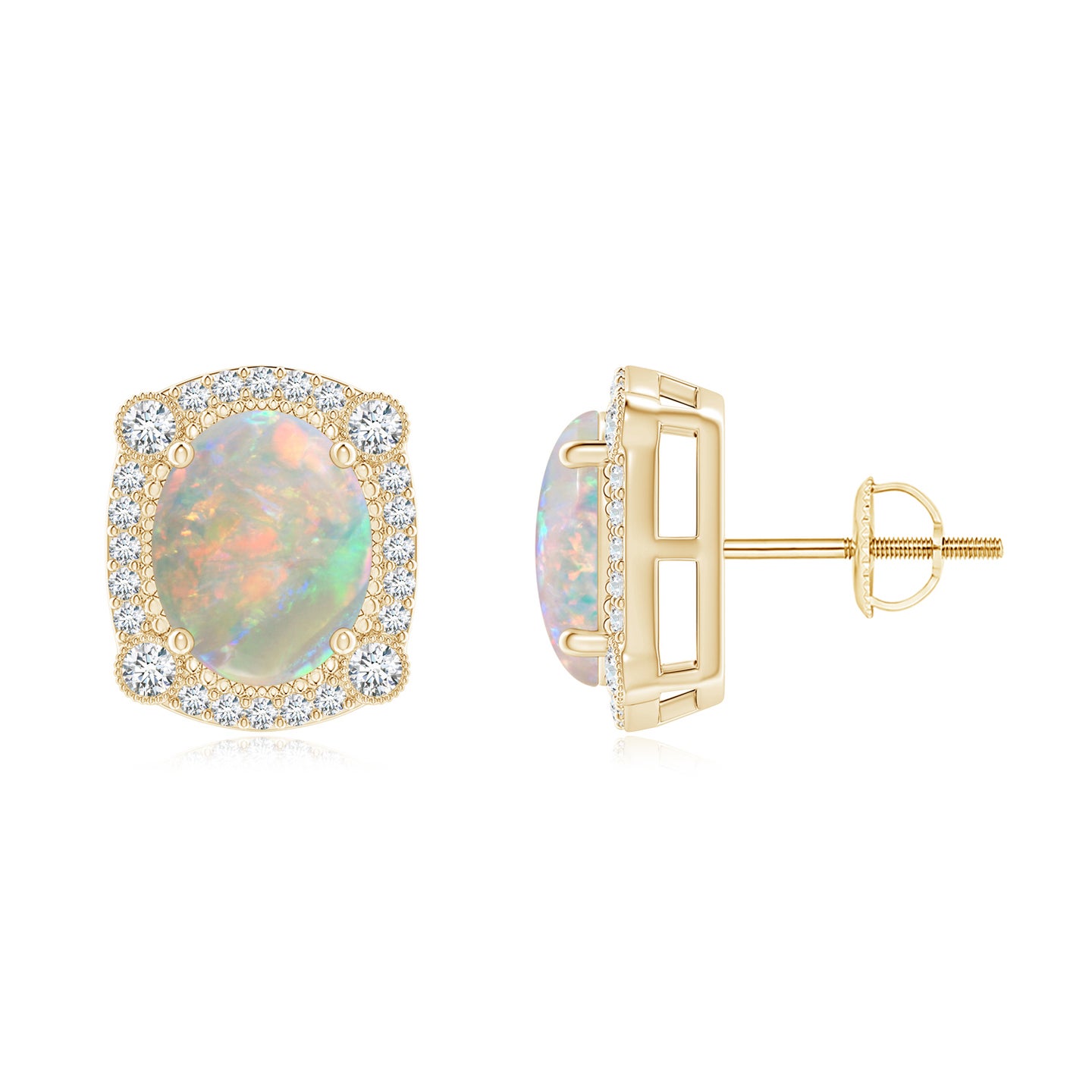 9x7mm AAAA Vintage Style Opal Earrings with Bezel-Set Diamonds in Yellow Gold