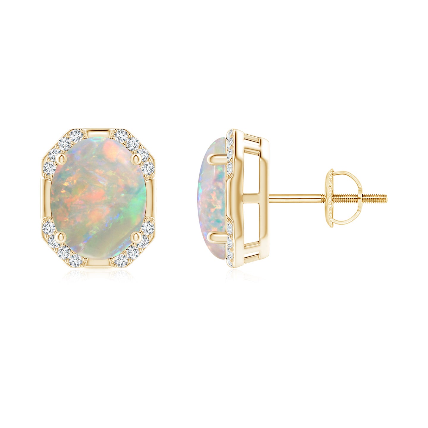 9x7mm AAAA Octagon Framed Oval Opal Earrings with Diamonds in Yellow Gold