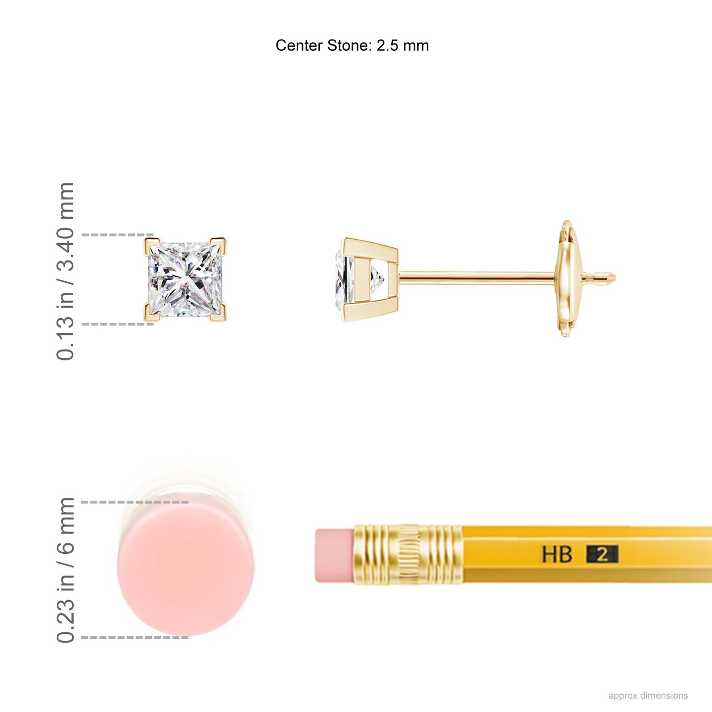 2.5mm IJI1I2 Princess-Cut Diamond Solitaire Stud Earrings in Yellow Gold