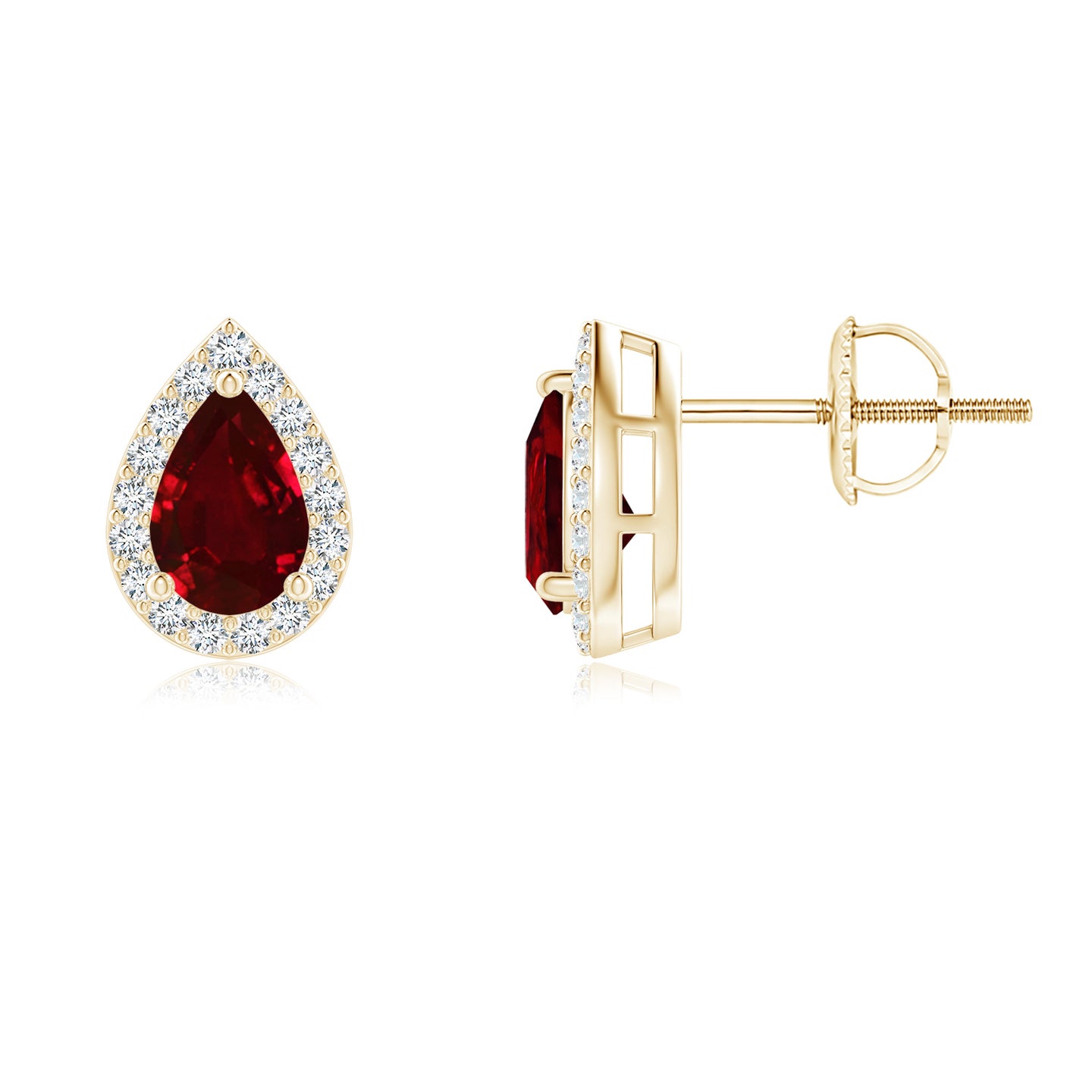 6x4mm AAAA Pear-Shaped Ruby Halo Stud Earrings in Yellow Gold