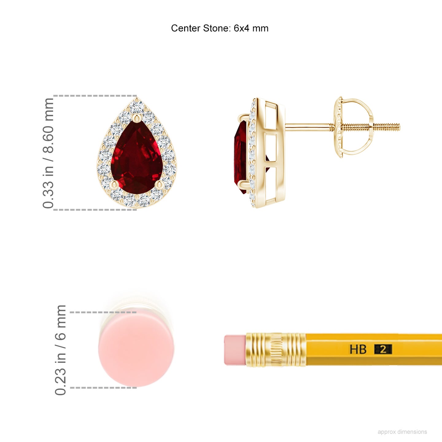 6x4mm AAAA Pear-Shaped Ruby Halo Stud Earrings in Yellow Gold