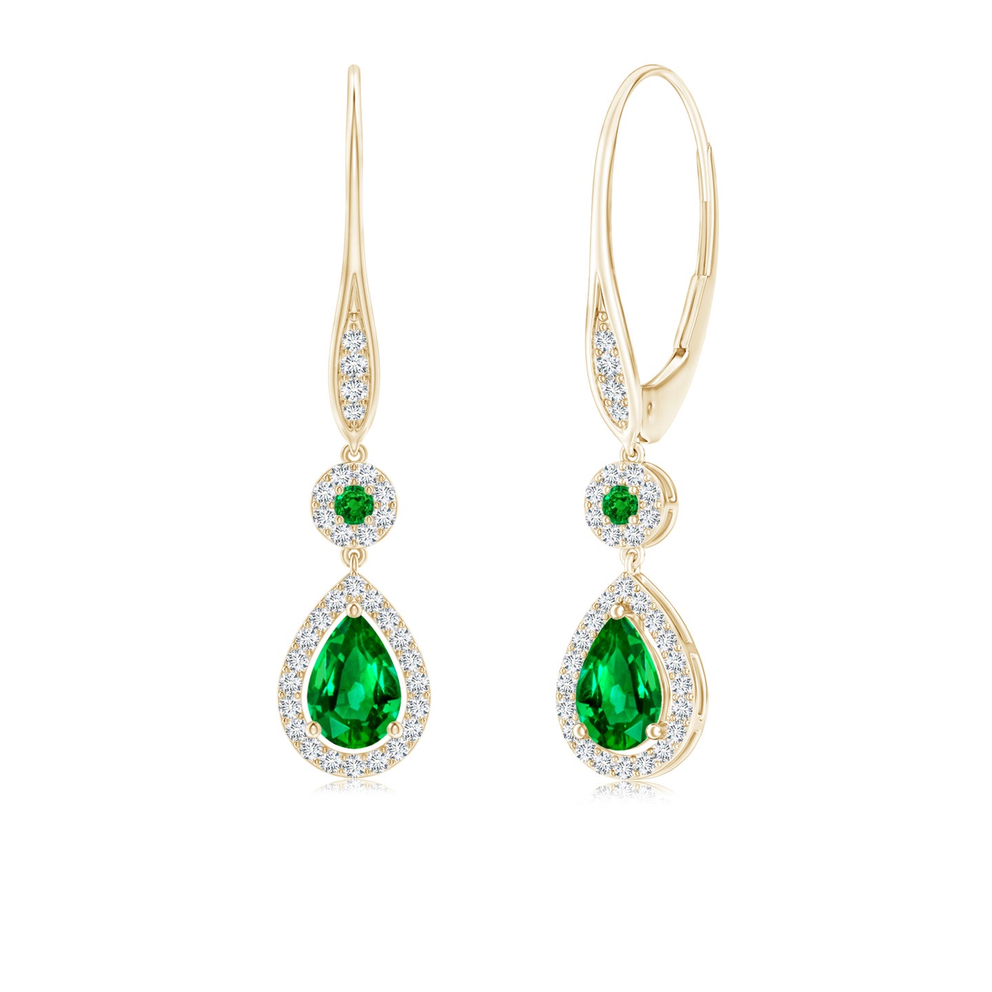 6x4mm AAAA Round and Pear Emerald Halo Leverback Earrings in Yellow Gold