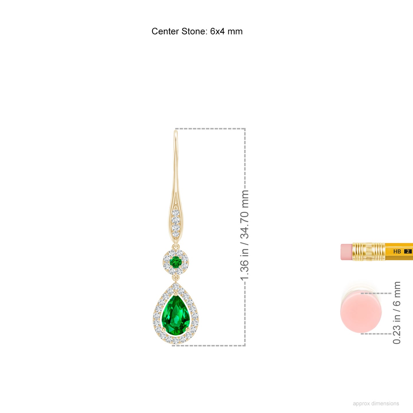 6x4mm AAAA Round and Pear Emerald Halo Leverback Earrings in Yellow Gold