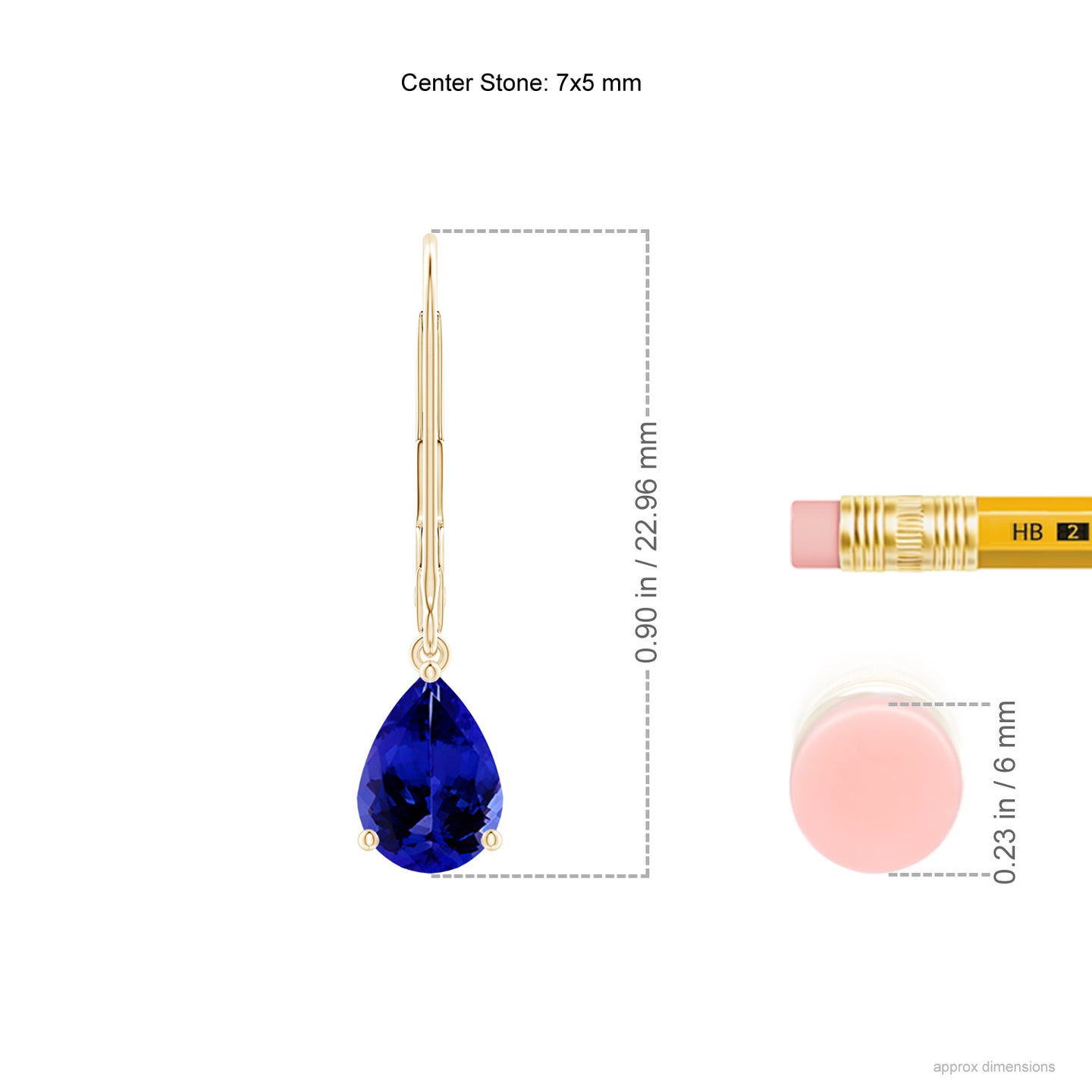 7x5mm AAAA Solitaire Pear-Shaped Tanzanite Leverback Earrings in Yellow Gold