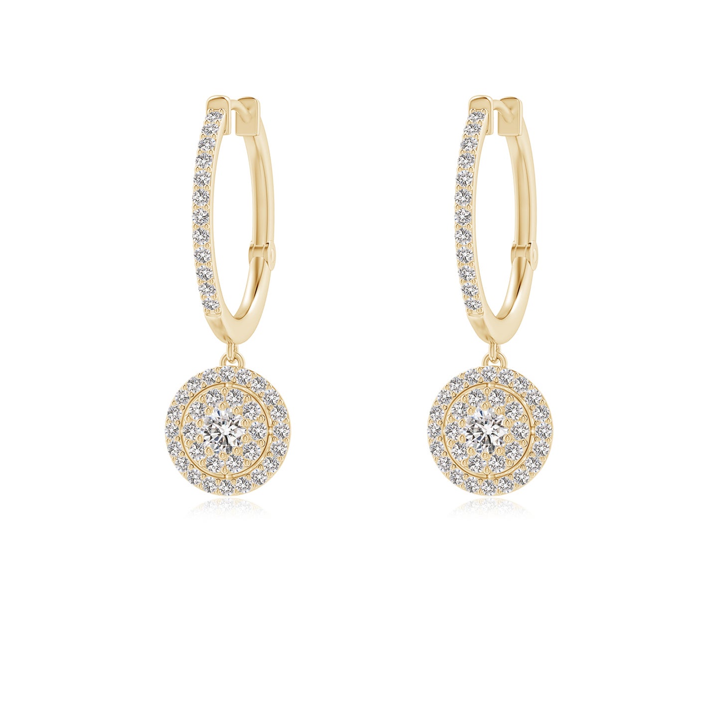 2.5mm IJI1I2 Round Diamond Cluster Halo Hoop Drop Earrings in Yellow Gold