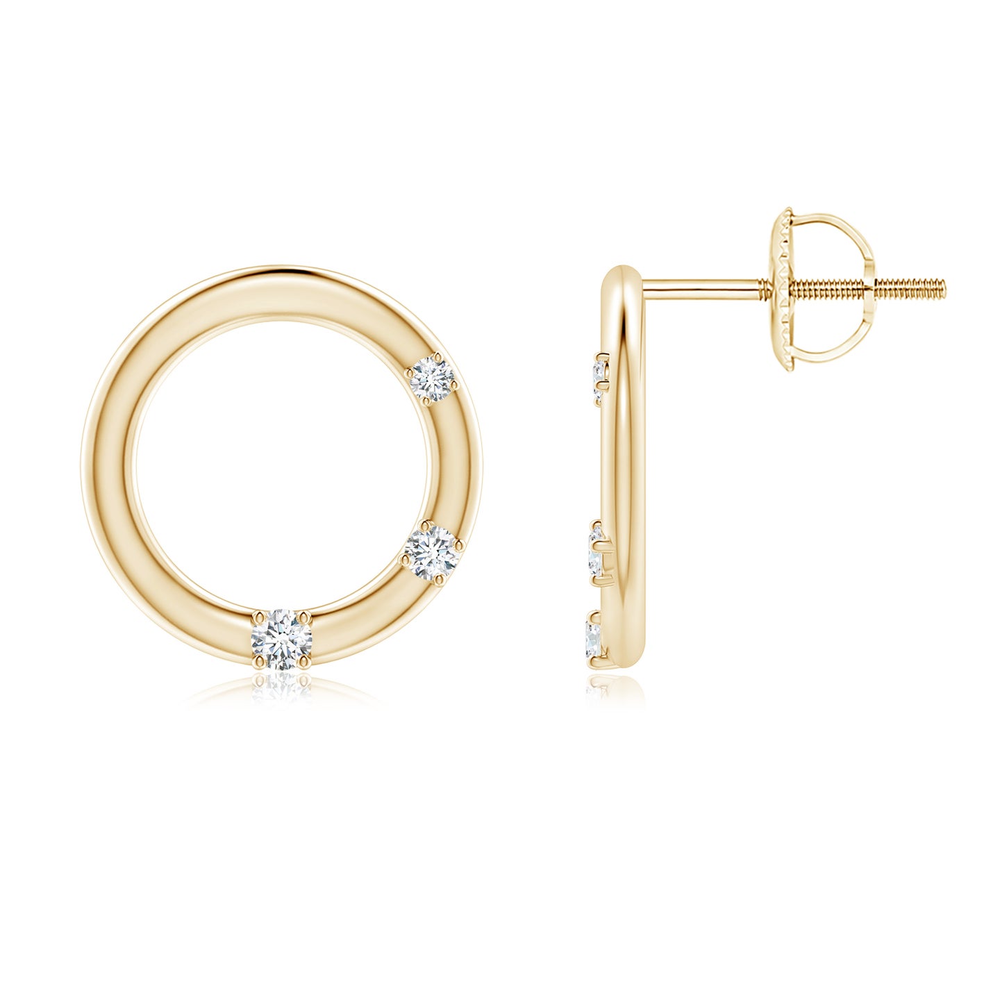 1.9mm GVS2 Graduated Diamond Three Stone Open Circle Stud Earrings in Yellow Gold