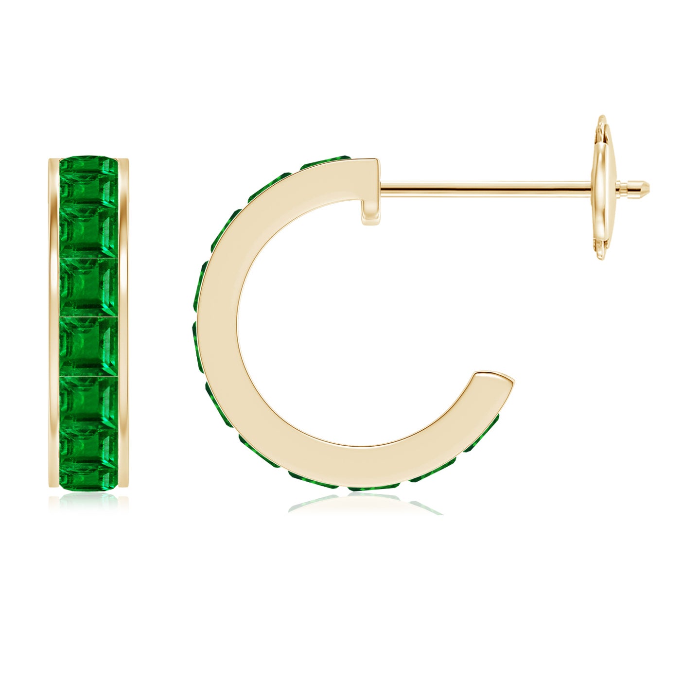 2mm AAAA Channel-Set Square Emerald Huggie Hoop Earrings in Yellow Gold